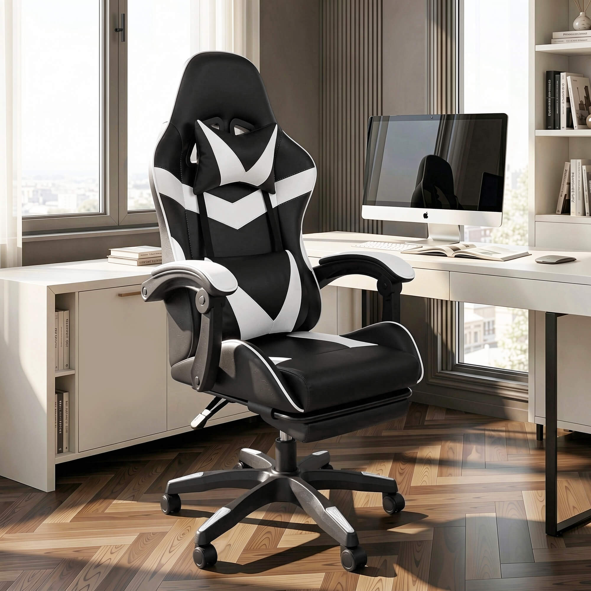 J.M.Deco Ergonomic Gaming Chair with Footrest & Lumbar Support black and white