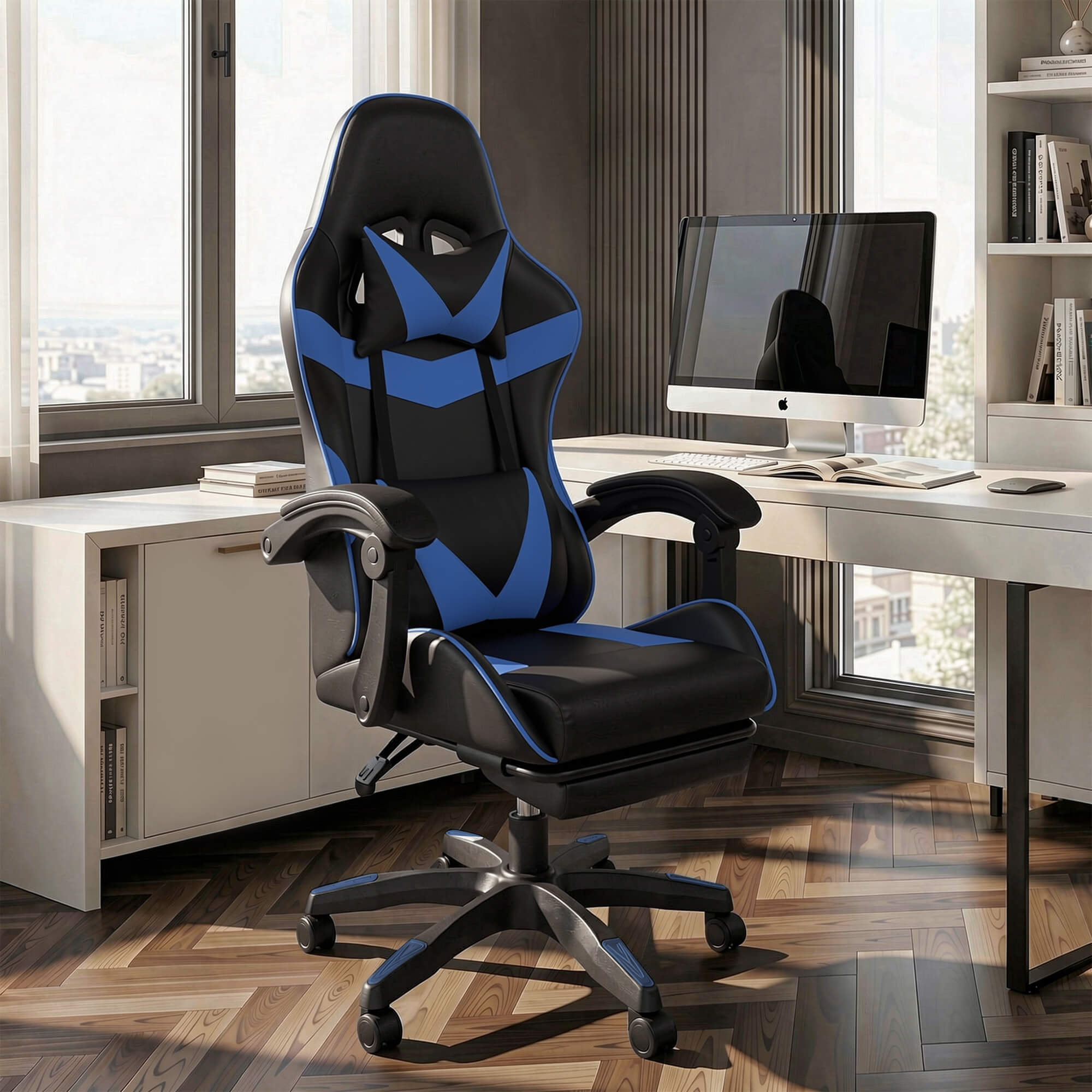 J.M.Deco Ergonomic Gaming Chair with Footrest & Lumbar Support black and blue in use