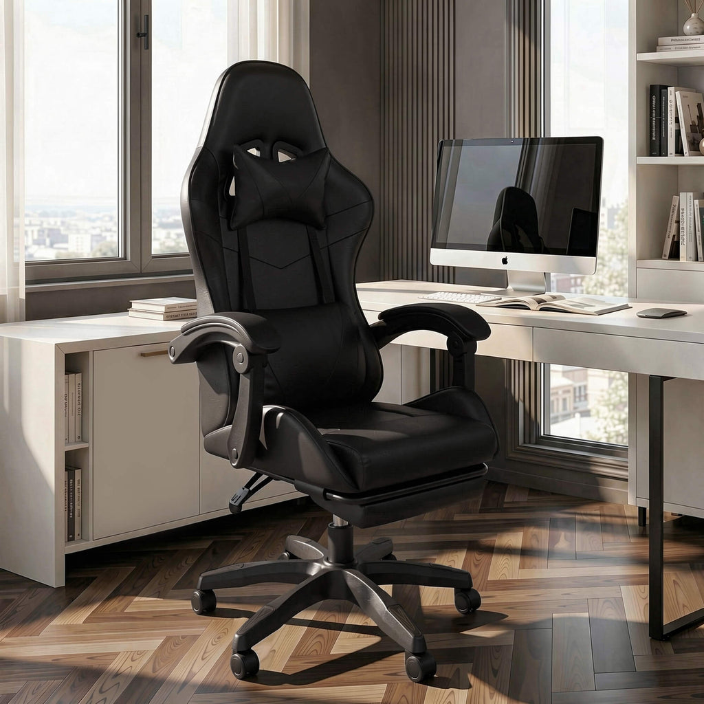 J.M.Deco Ergonomic Gaming Chair with Footrest & Lumbar Support black in use