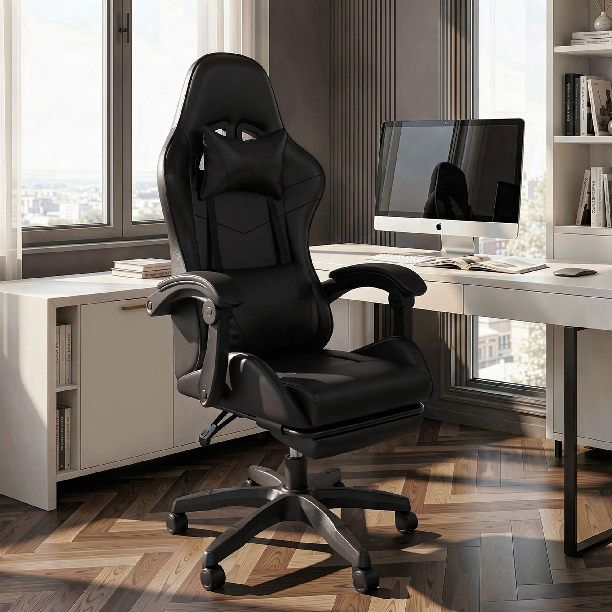 J.M.Deco Ergonomic Gaming Chair with Footrest & Lumbar Support black in use