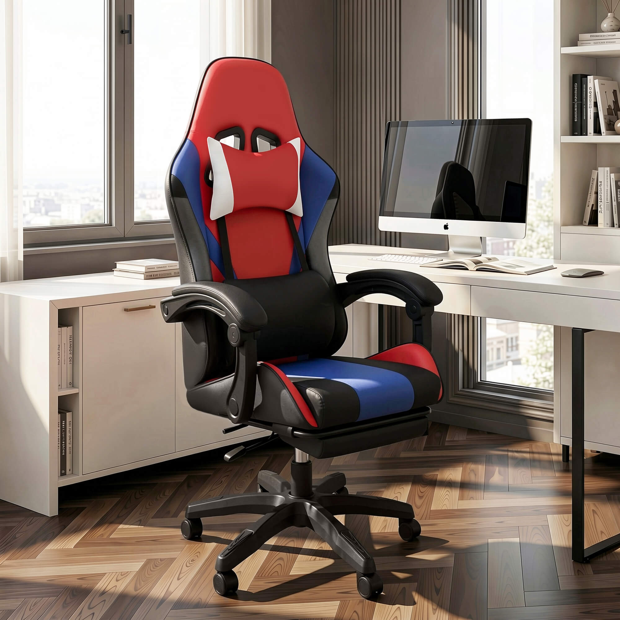 J.M.Deco Ergonomic Gaming Chair with Footrest & Lumbar Support black and red in use