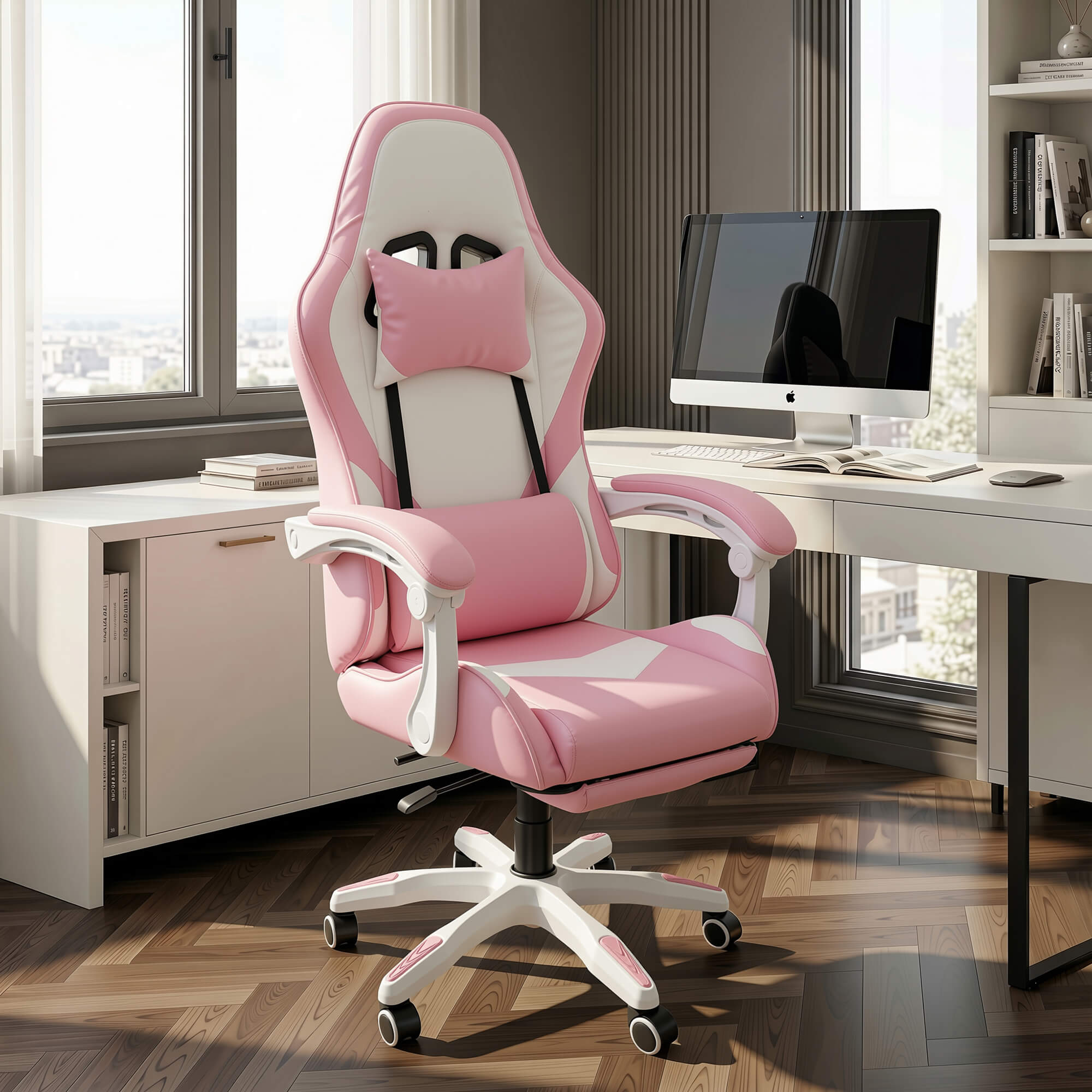 J.M.Deco Ergonomic Gaming Chair with Footrest & Lumbar Support  pink in use