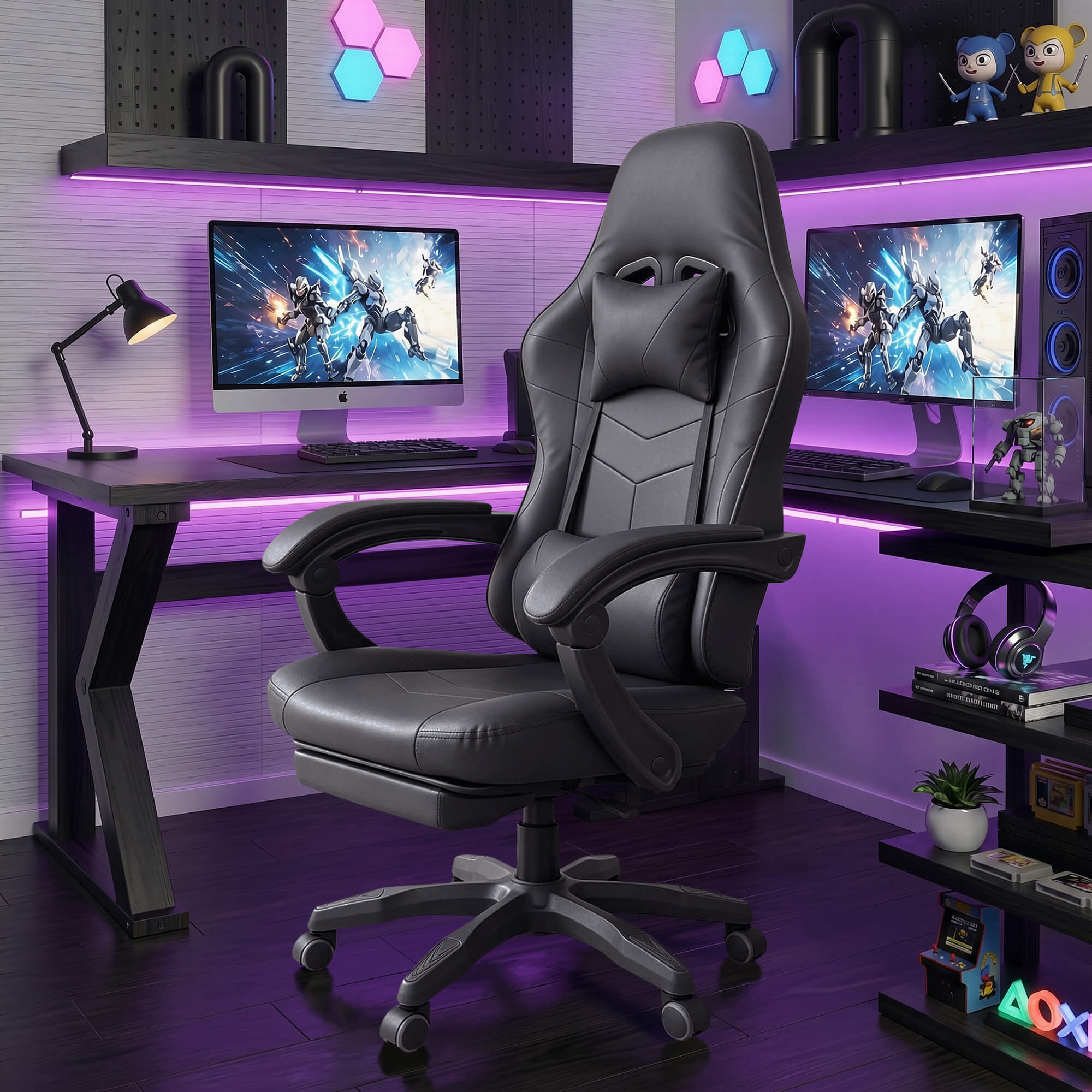 J.M.Deco Ergonomic Gaming Chair with Footrest & Lumbar Support black