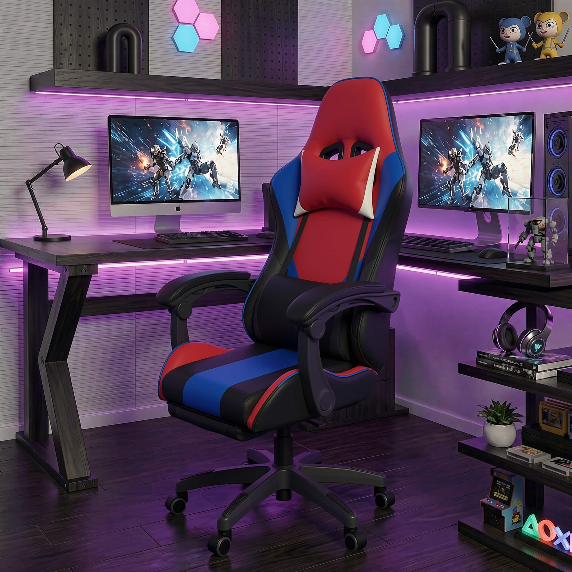 J.M.Deco Ergonomic Gaming Chair with Footrest & Lumbar Support black and red