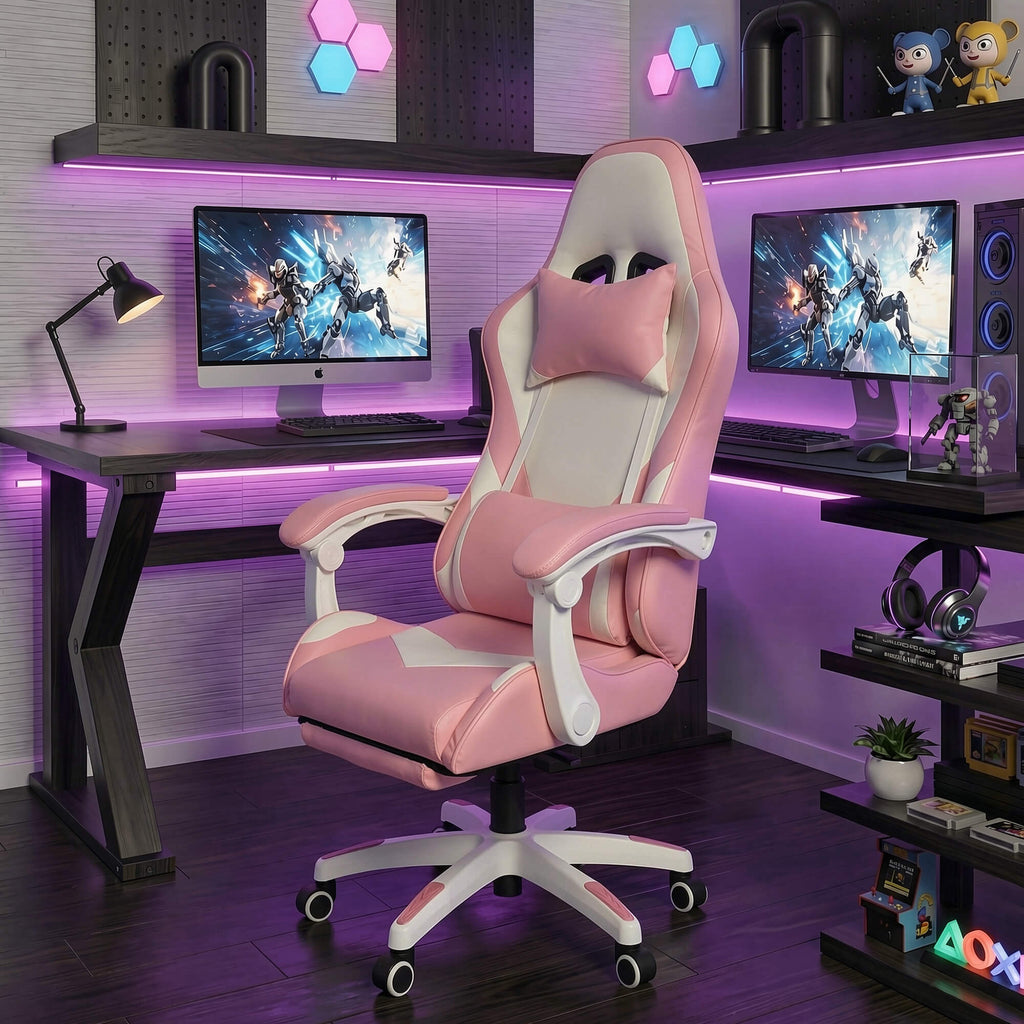 J.M.Deco Ergonomic Gaming Chair with Footrest & Lumbar Support pink