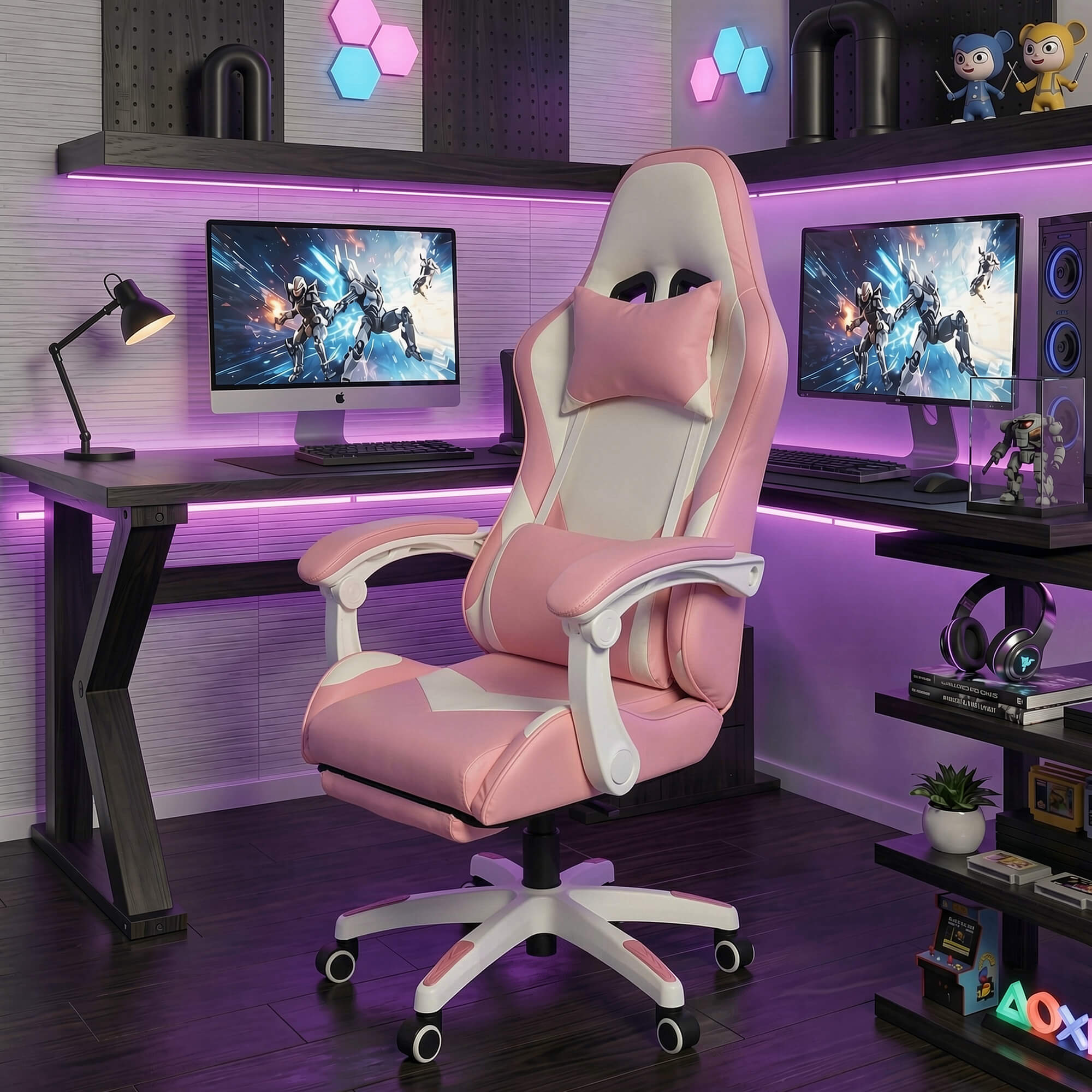 J.M.Deco Ergonomic Gaming Chair with Footrest & Lumbar Support pink