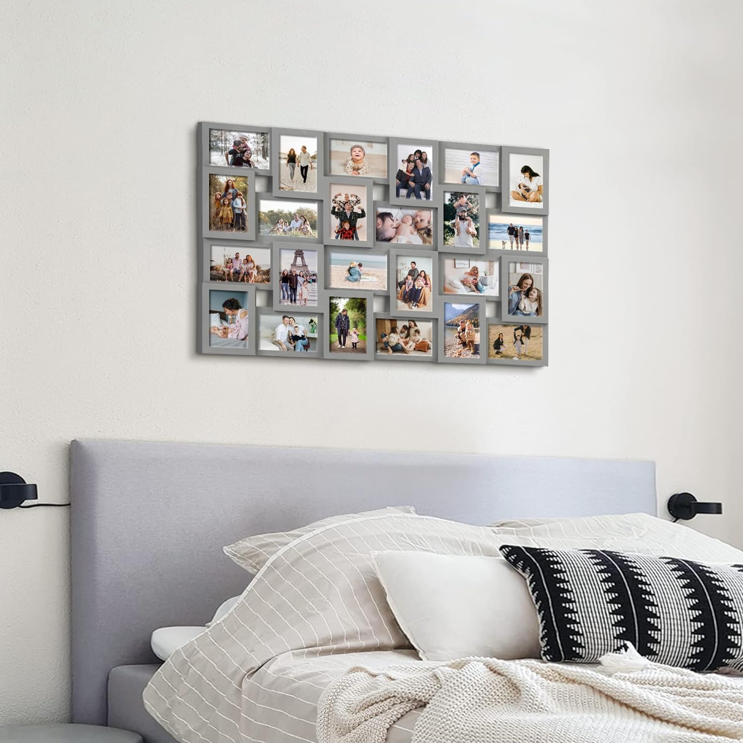 J.M.Deco Collage Picture Frames for Wall 24 Slots, Reunion Friends Family Memory Large Photo Frame Selfie Gallery Puzzle Collage Wall Hanging for 4x6 Photo | Grey in the bedroom
