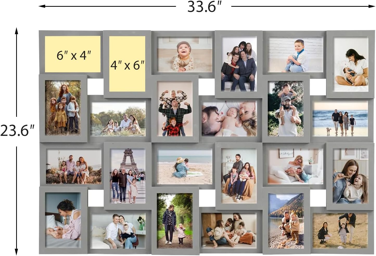 J.M.Deco Collage Picture Frames for Wall 24 Slots, Reunion Friends Family Memory Large Photo Frame Selfie Gallery Puzzle Collage Wall Hanging for 4x6 Photo | Grey size