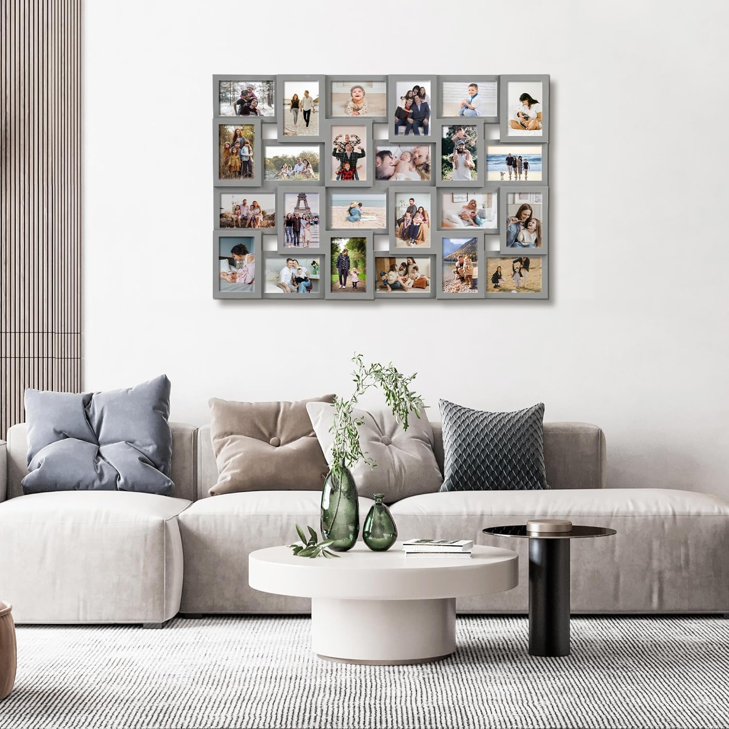 J.M.Deco Collage Picture Frames for Wall 24 Slots, Reunion Friends Family Memory Large Photo Frame Selfie Gallery Puzzle Collage Wall Hanging for 4x6 Photo | Grey front