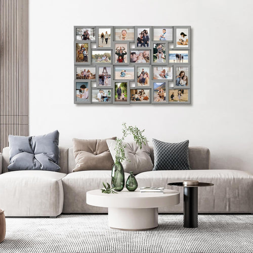 J.M.Deco Collage Picture Frames for Wall 24 Slots, Reunion Friends Family Memory Large Photo Frame Selfie Gallery Puzzle Collage Wall Hanging for 4x6 Photo | Grey front