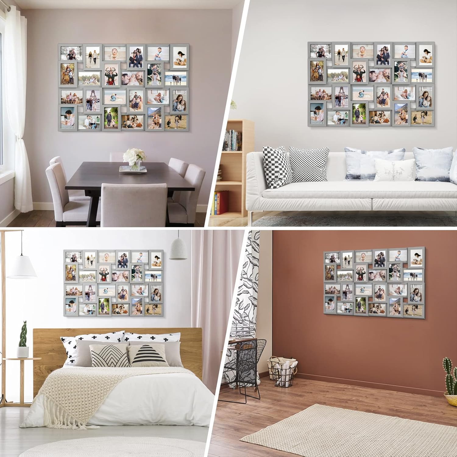 J.M.Deco Collage Picture Frames for Wall 24 Slots, Reunion Friends Family Memory Large Photo Frame Selfie Gallery Puzzle Collage Wall Hanging for 4x6 Photo | Grey different scenarios