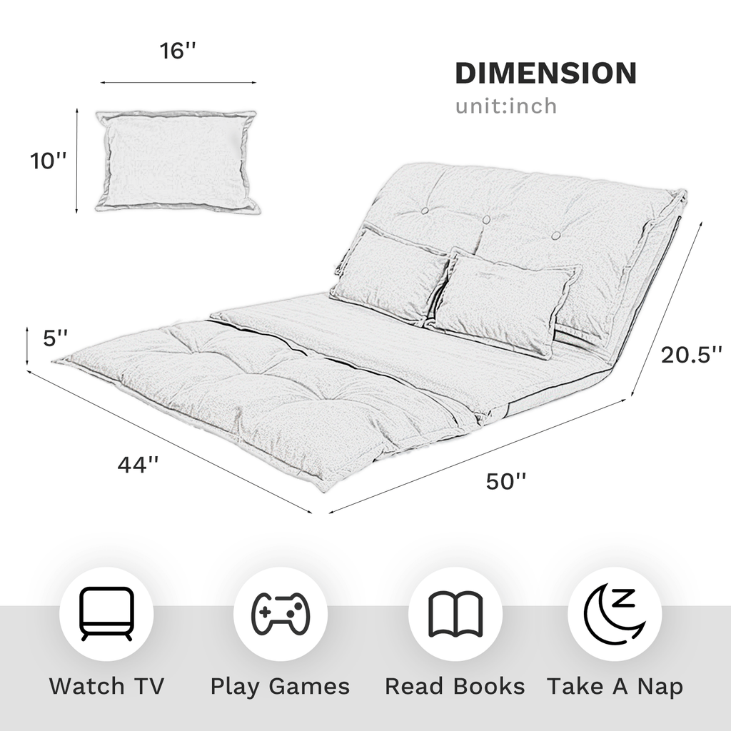 J.M.Deco Adjustable Futon Sofa Bed with 2 Pillows Foldable Floor Couch size