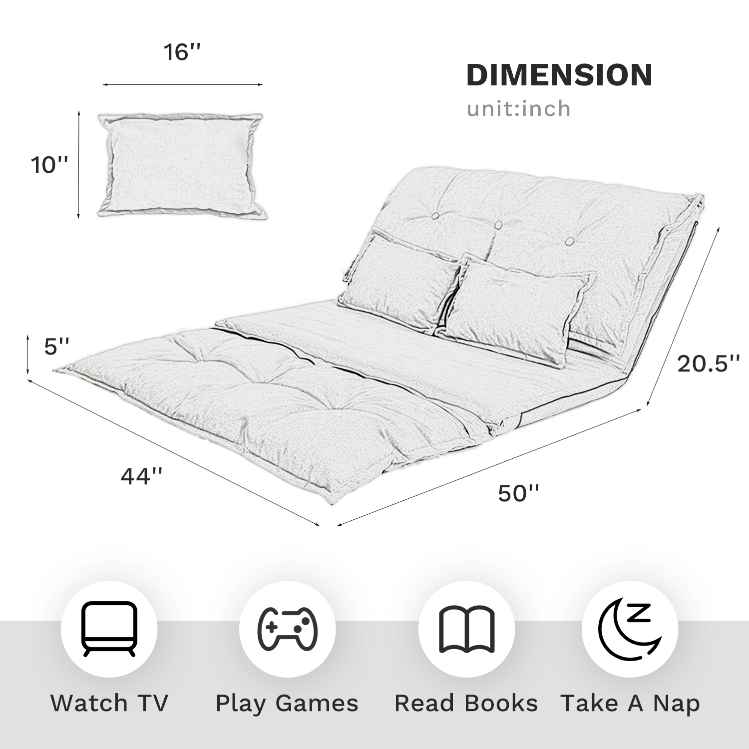 J.M.Deco Adjustable Futon Sofa Bed with 2 Pillows Foldable Floor Couch size