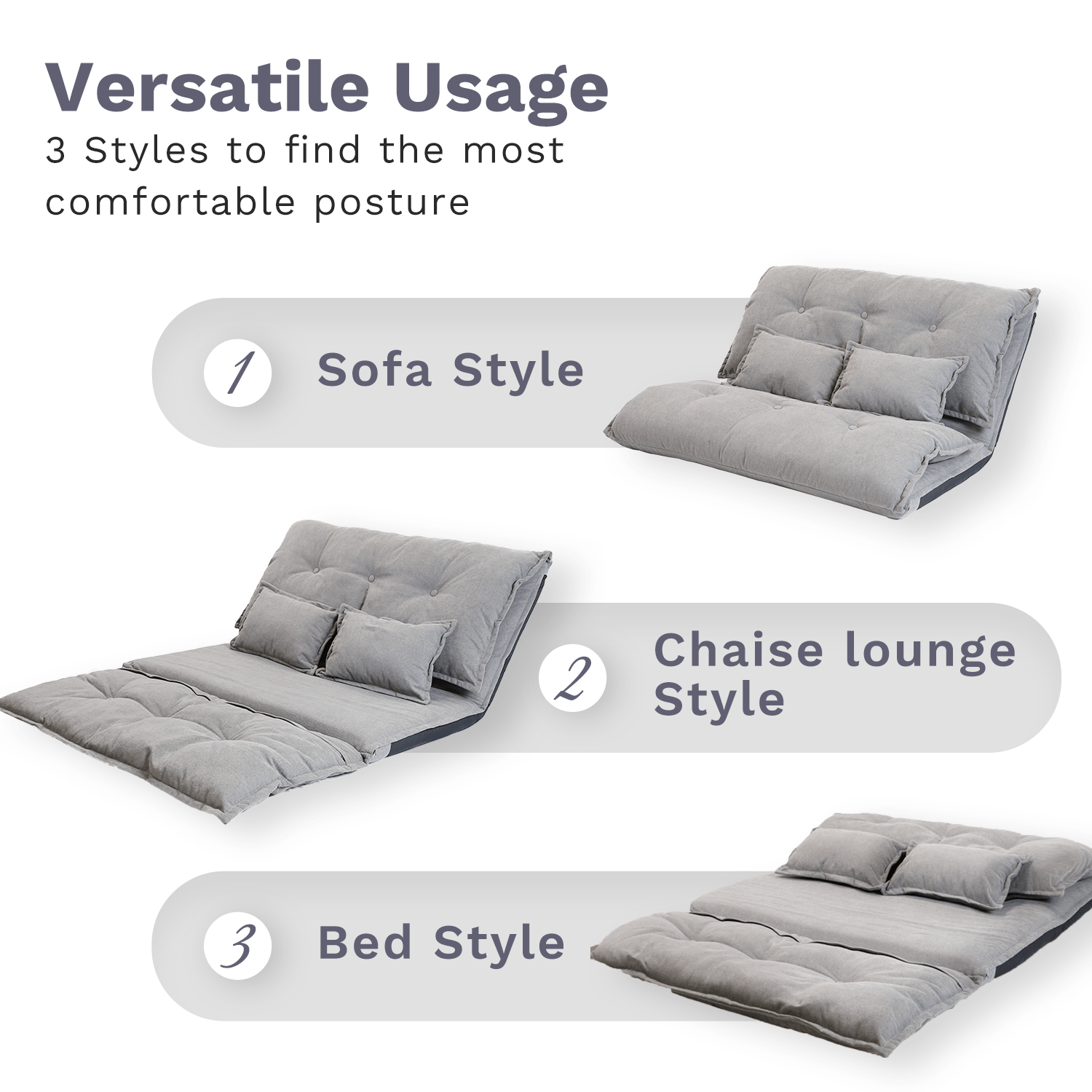 J.M.Deco Adjustable Futon Sofa Bed with 2 Pillows Foldable Floor Couch versatile usage