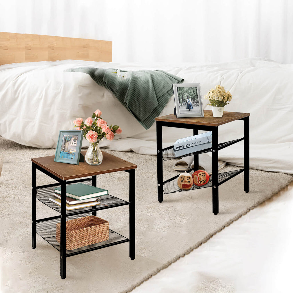 J.M.Deco Nightstand Set of 2   3-Tier Side Table with Mesh Shelves in the bedroom