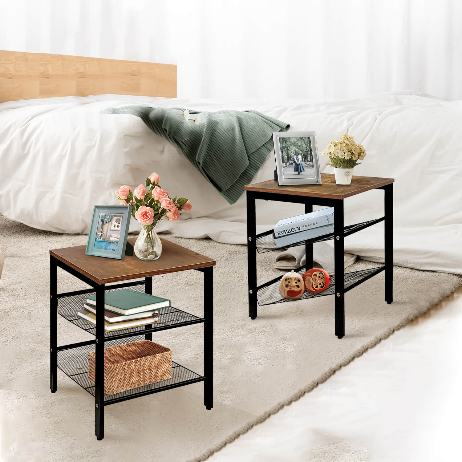J.M.Deco Nightstand Set of 2   3-Tier Side Table with Mesh Shelves in the bedroom