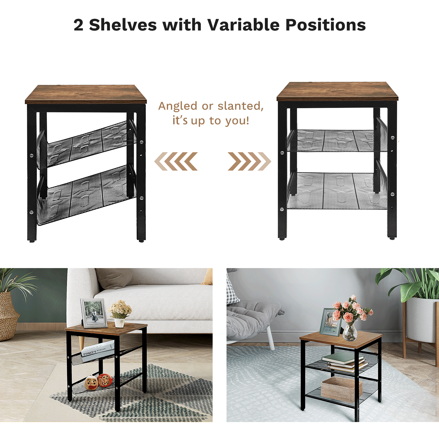 J.M.Deco Nightstand Set of 2   3-Tier Side Table with Mesh Shelves variable positions