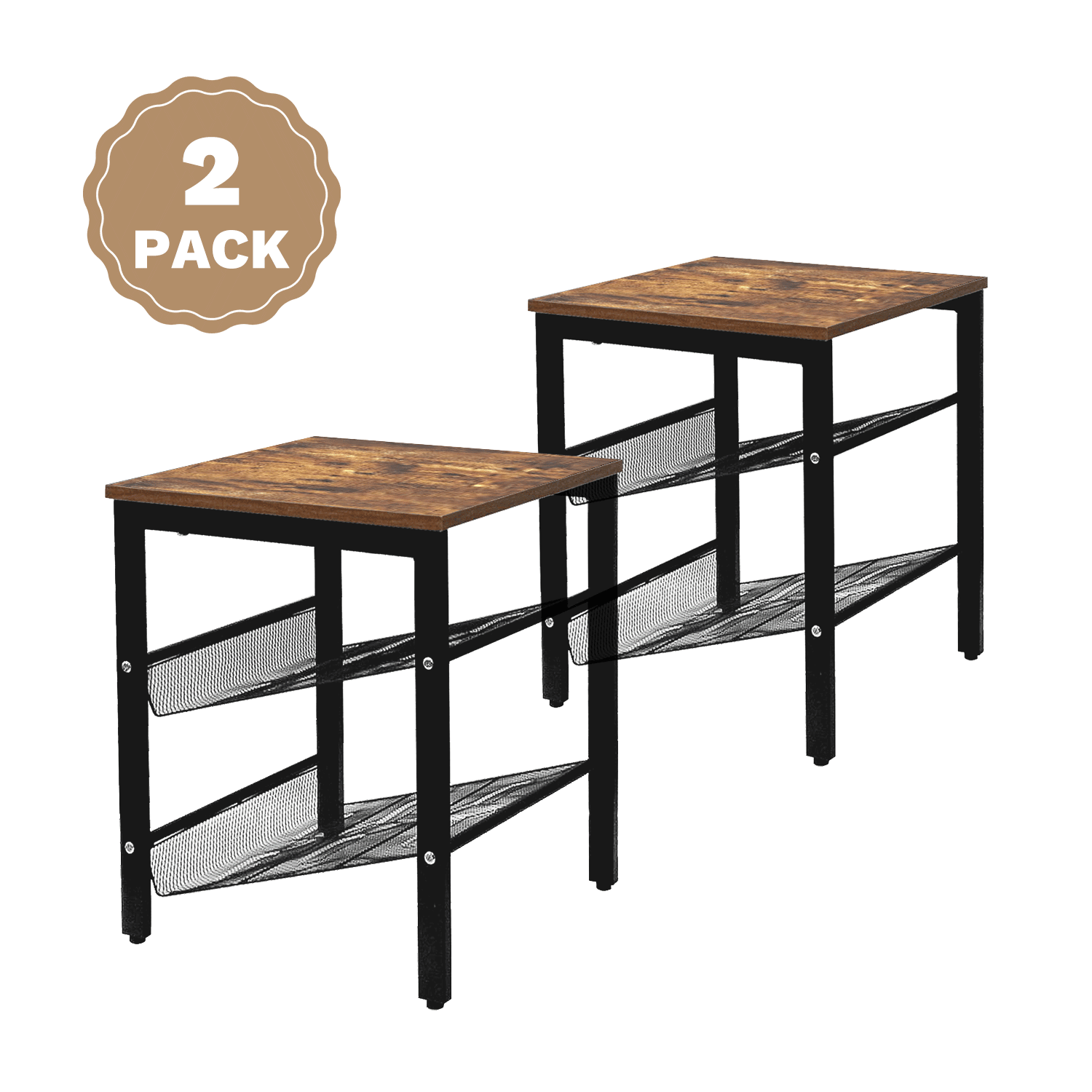 J.M.Deco Nightstand Set of 2 | 3-Tier End Table Small Side Table with 2 Adjustable Mesh Shelves Charter Oak brown