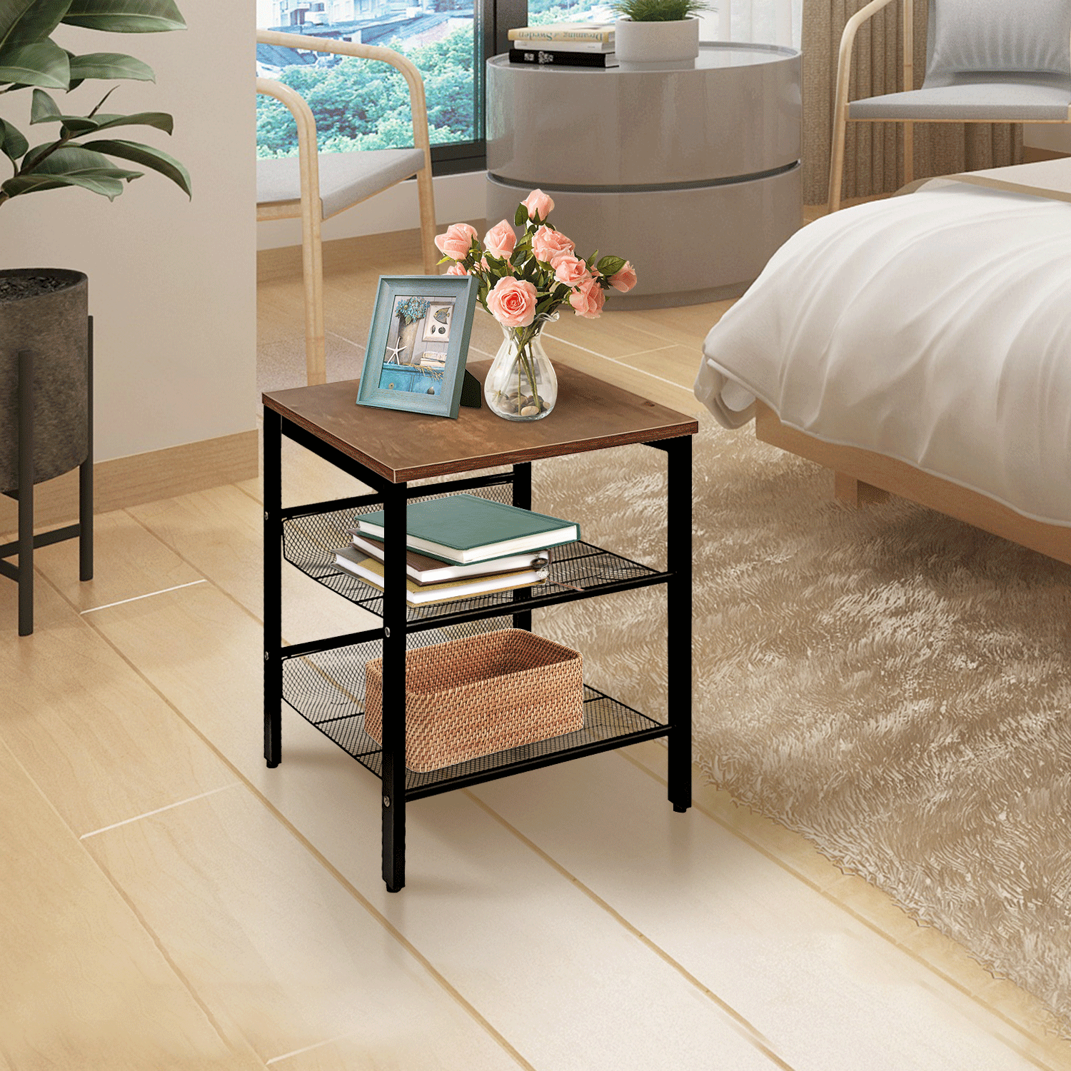 J.M.Deco Nightstand Set of 2 | 3-Tier End Table Small Side Table with 2 Adjustable Mesh Shelves Charter Oak in the bedroom