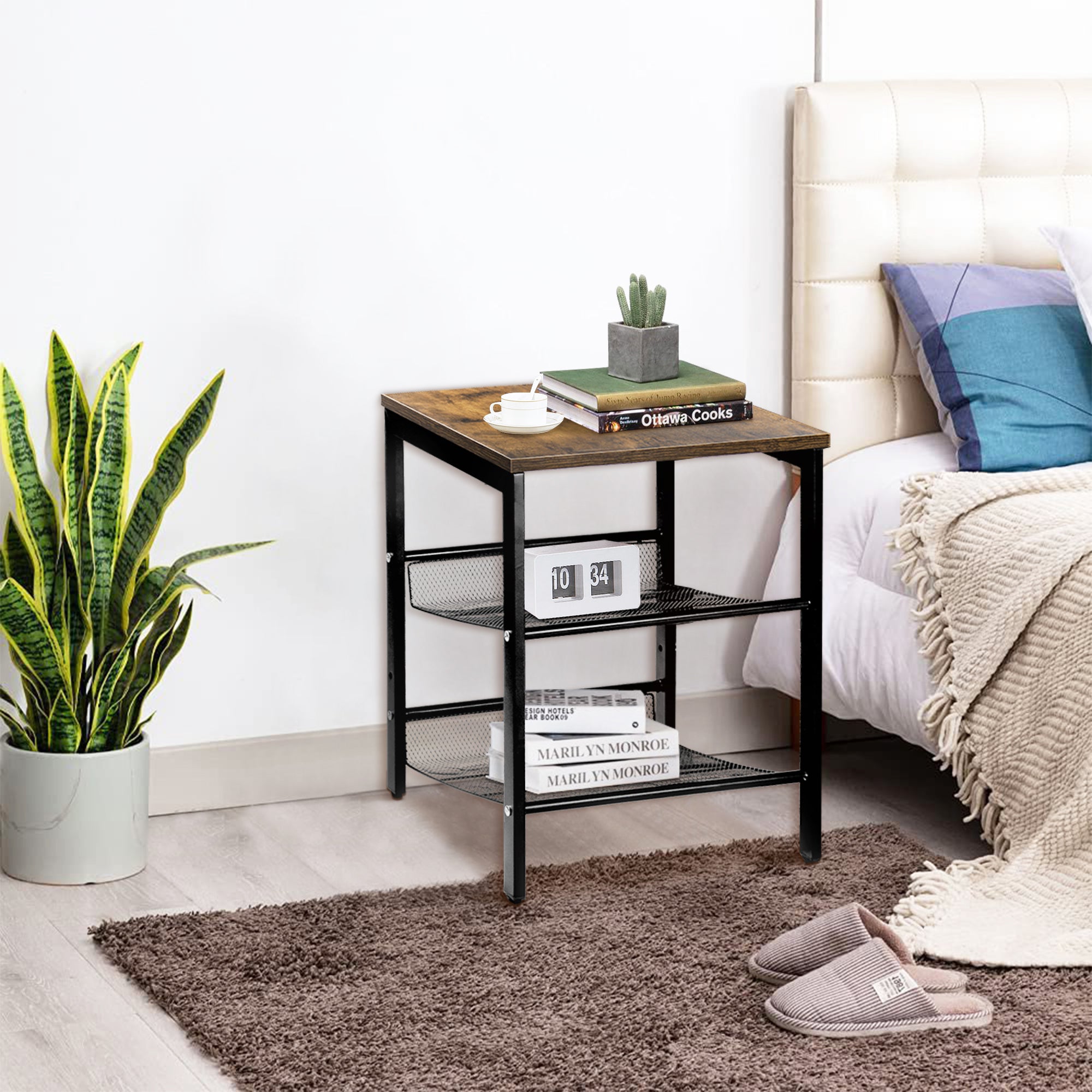 J.M.Deco Nightstand Set of 2 | 3-Tier End Table Small Side Table with 2 Adjustable Mesh Shelves Charter Oak in use
