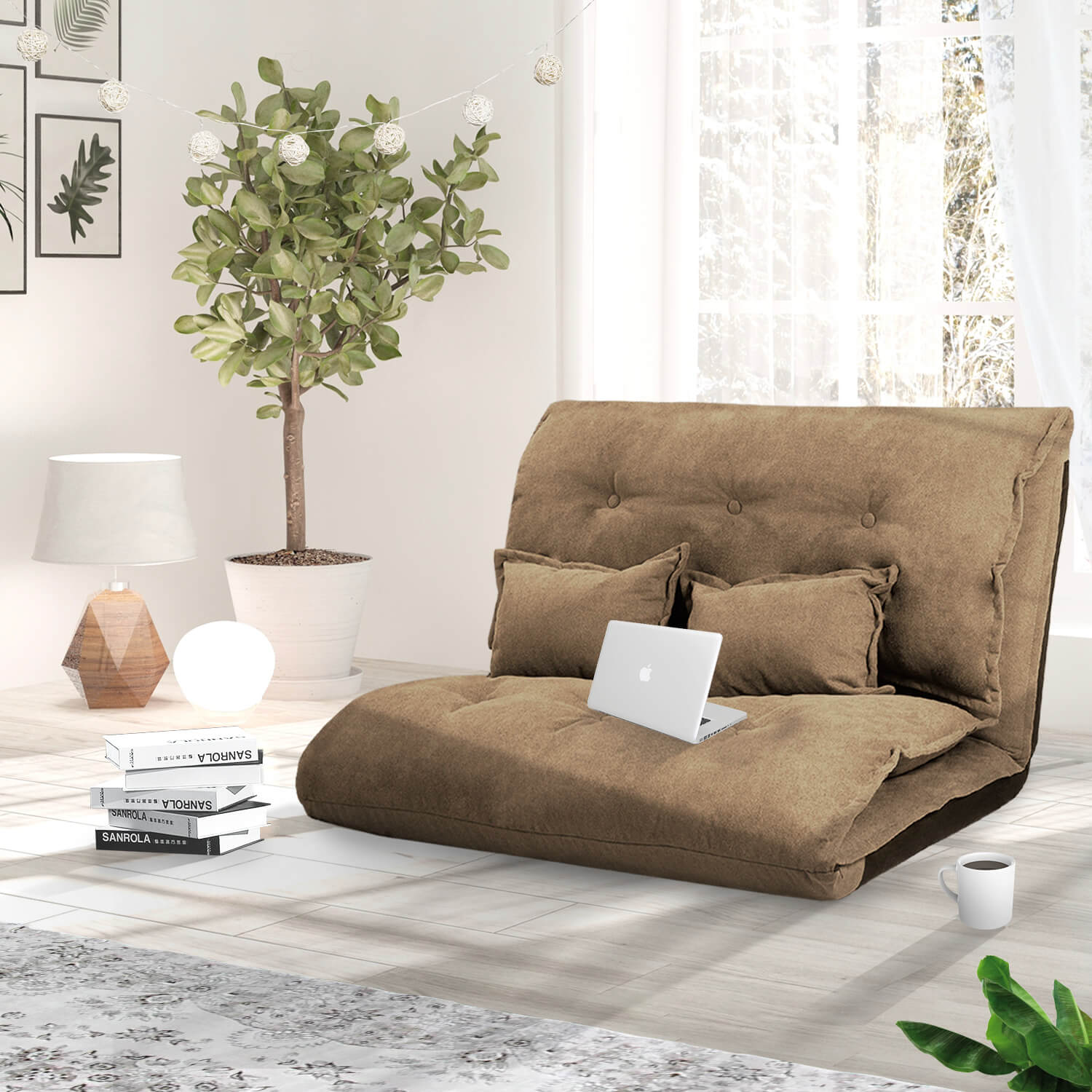 J.M.Deco Adjustable Futon Sofa Bed with 2 Pillows Foldable Floor Couch side