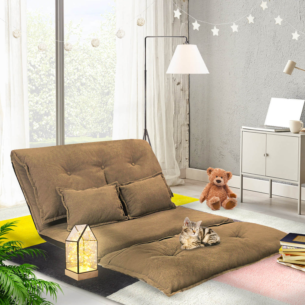 J.M.Deco Adjustable Futon Sofa Bed with 2 Pillows Foldable Floor Couch brown