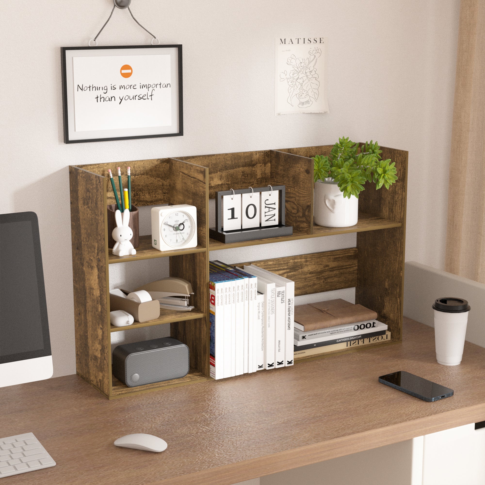 J.M.Deco Wooden desk organizer with books, stationery, and decor items in a home office setting MAIN