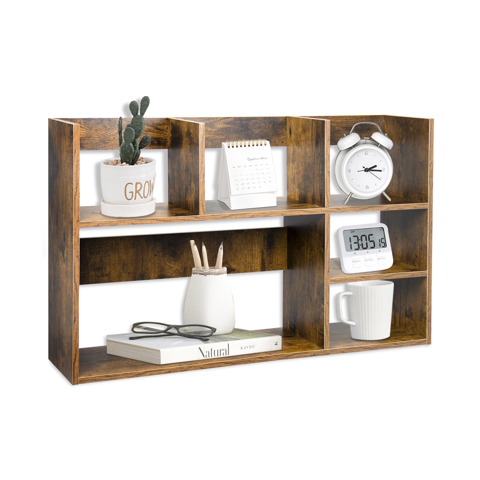 J.M.Deco Wood Desktop Storage Organizer Multipurpose Desk Bookshelf Case Display Large Shelf Rack Counter Top Bookcase for Office Home brown front