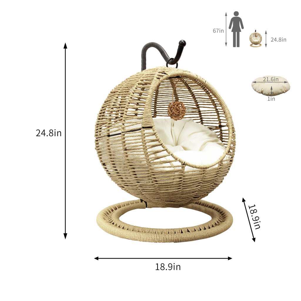 J.M.Deco Hand-Woven Wicker Cat Bed  Hanging Basket Cat Swinging Bed for Indoor Outdoor  Hanging Rattan Basket with Removable Cushion Khaki size