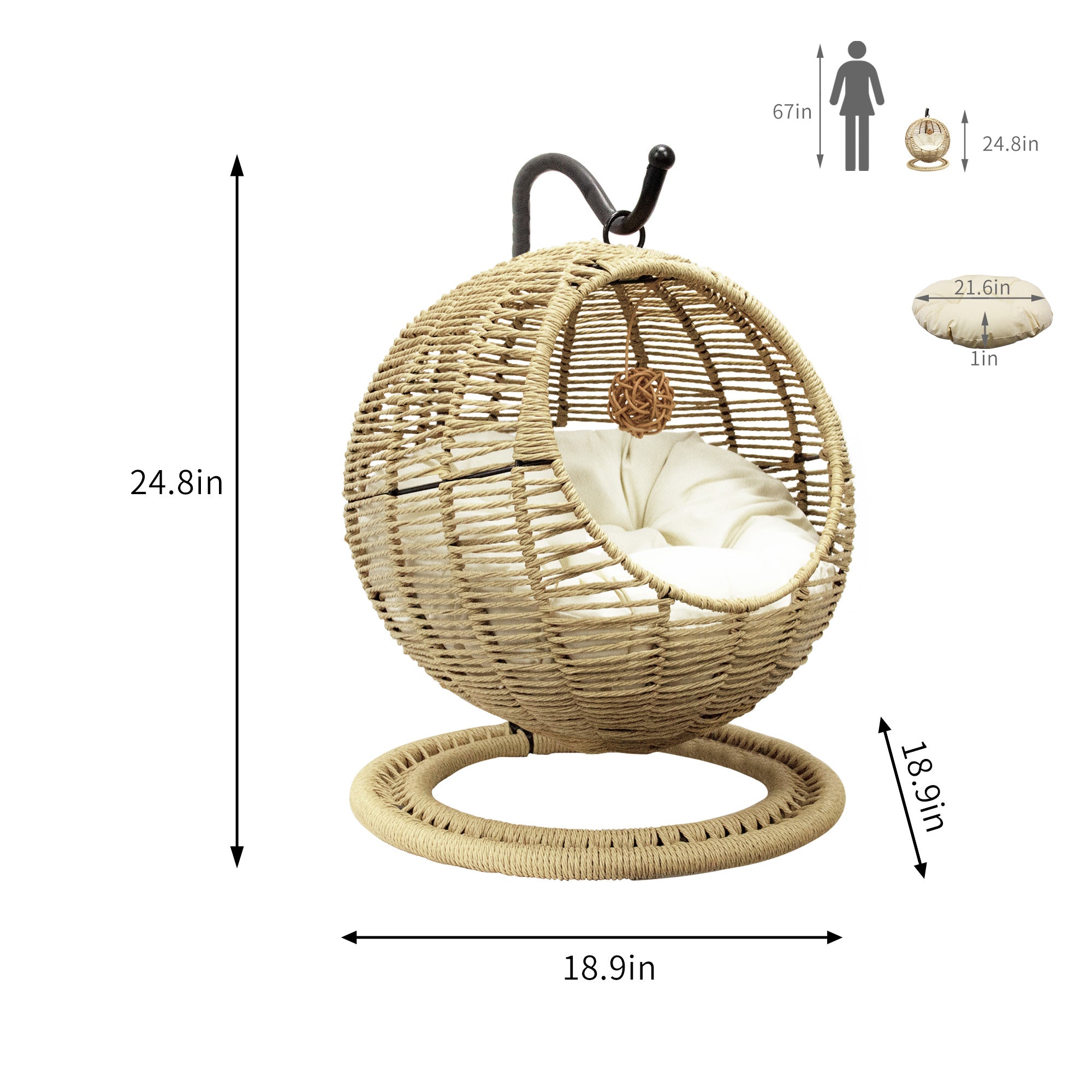 J.M.Deco Hand-Woven Wicker Cat Bed  Hanging Basket Cat Swinging Bed for Indoor Outdoor  Hanging Rattan Basket with Removable Cushion Khaki size