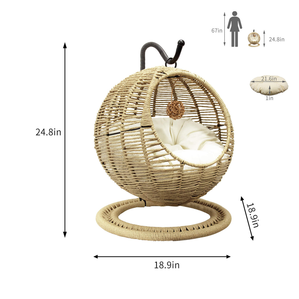 J.M.Deco Hanging Wicker Cat Bed Basket | Removable Cushion & Toy | Indoor & Outdoor size