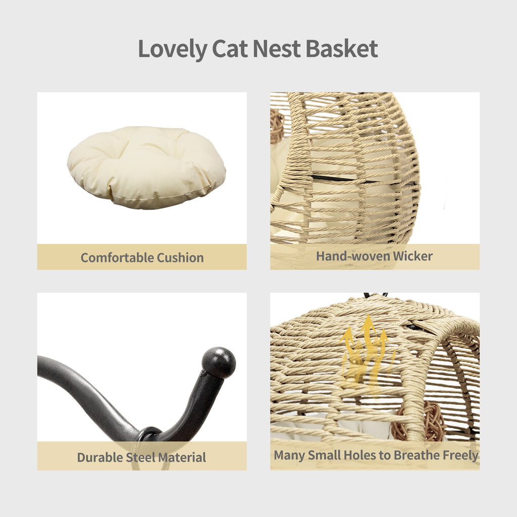 J.M.Deco Hand-Woven Wicker Cat Bed  Hanging Basket Cat Swinging Bed for Indoor Outdoor  Hanging Rattan Basket with Removable Cushion Khaki material