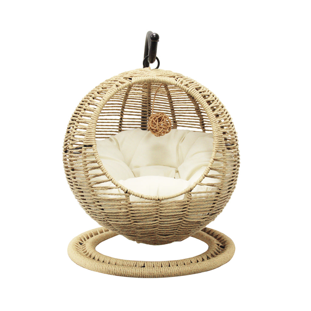 J.M.Deco Hand-Woven Wicker Cat Bed  Hanging Basket Cat Swinging Bed for Indoor Outdoor  Hanging Rattan Basket with Removable Cushion Khaki front
