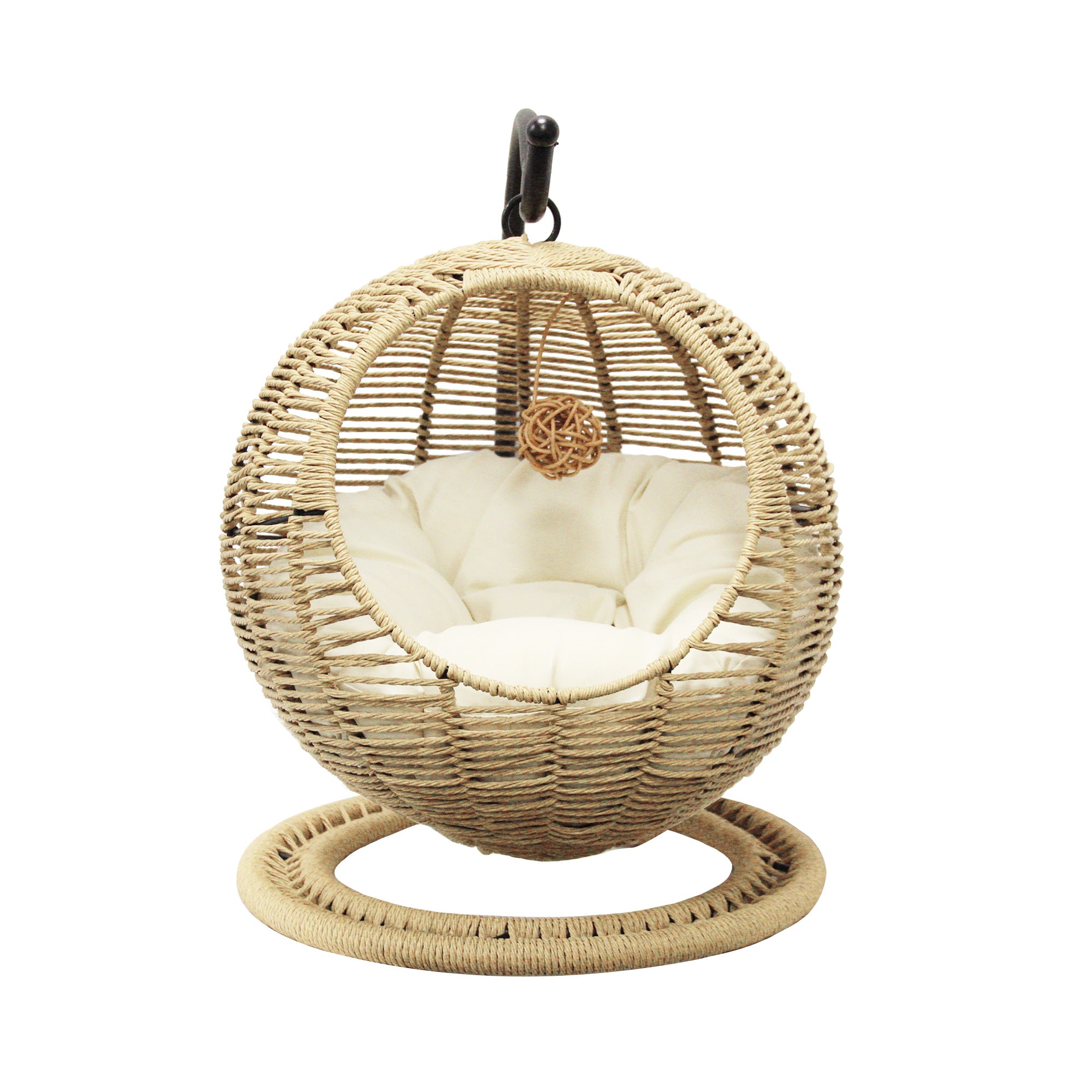 J.M.Deco Hand-Woven Wicker Cat Bed  Hanging Basket Cat Swinging Bed for Indoor Outdoor  Hanging Rattan Basket with Removable Cushion Khaki front