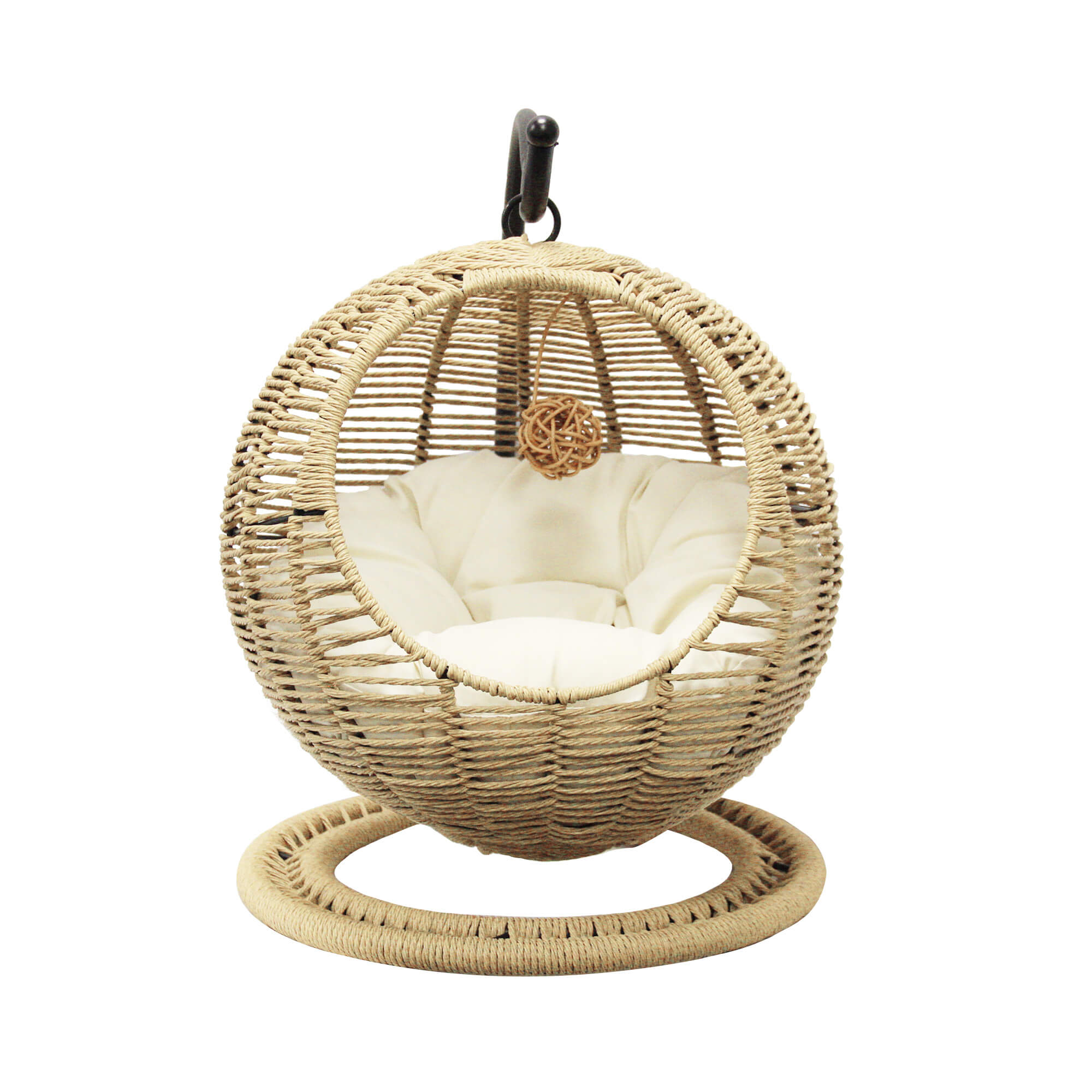 J.M.Deco Hanging Wicker Cat Bed Basket  Removable Cushion & Toy  Indoor & Outdoor front