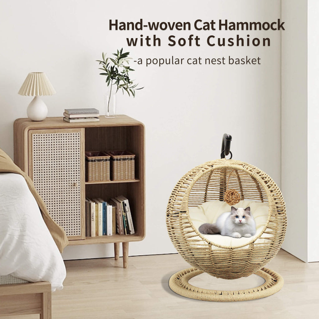 J.M.Deco Hanging Wicker Cat Bed Basket  Removable Cushion & Toy  Indoor & Outdoor 
