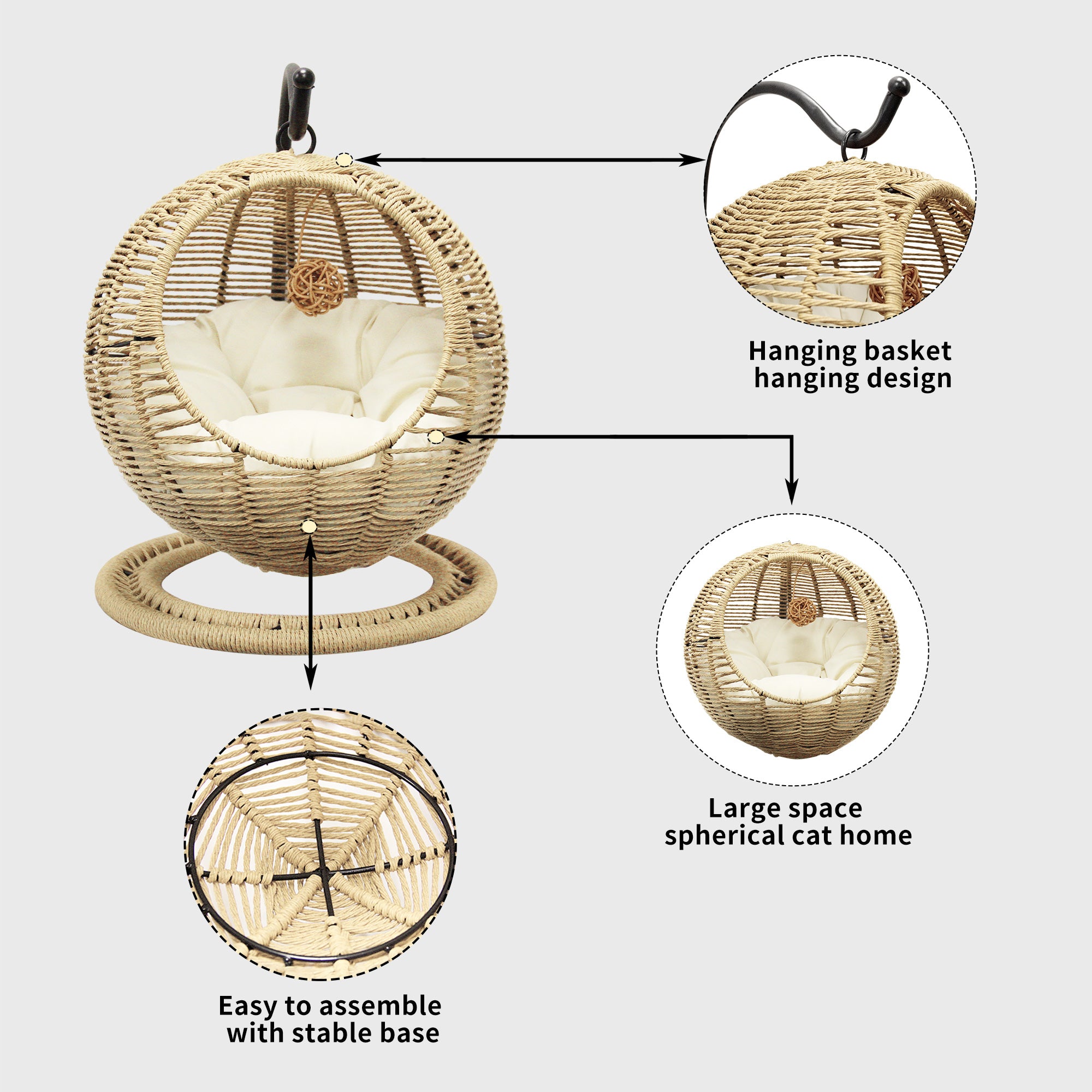 J.M.Deco Hand-Woven Wicker Cat Bed  Hanging Basket Cat Swinging Bed for Indoor Outdoor  Hanging Rattan Basket with Removable Cushion Khaki advantages