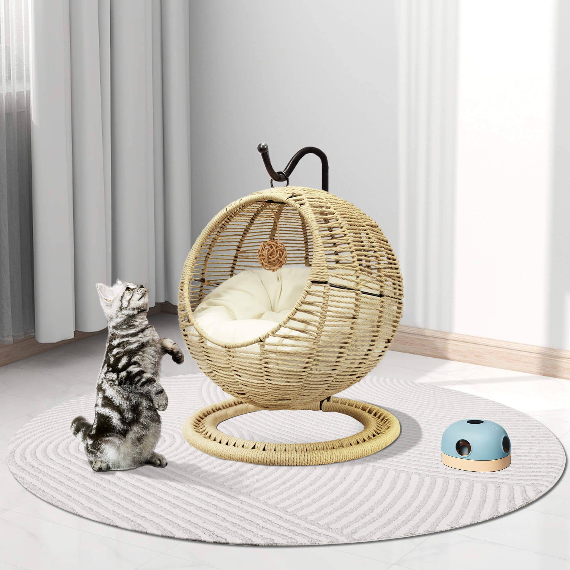 J.M.Deco Hanging Wicker Cat Bed Basket  Removable Cushion & Toy  Indoor & Outdoo in use