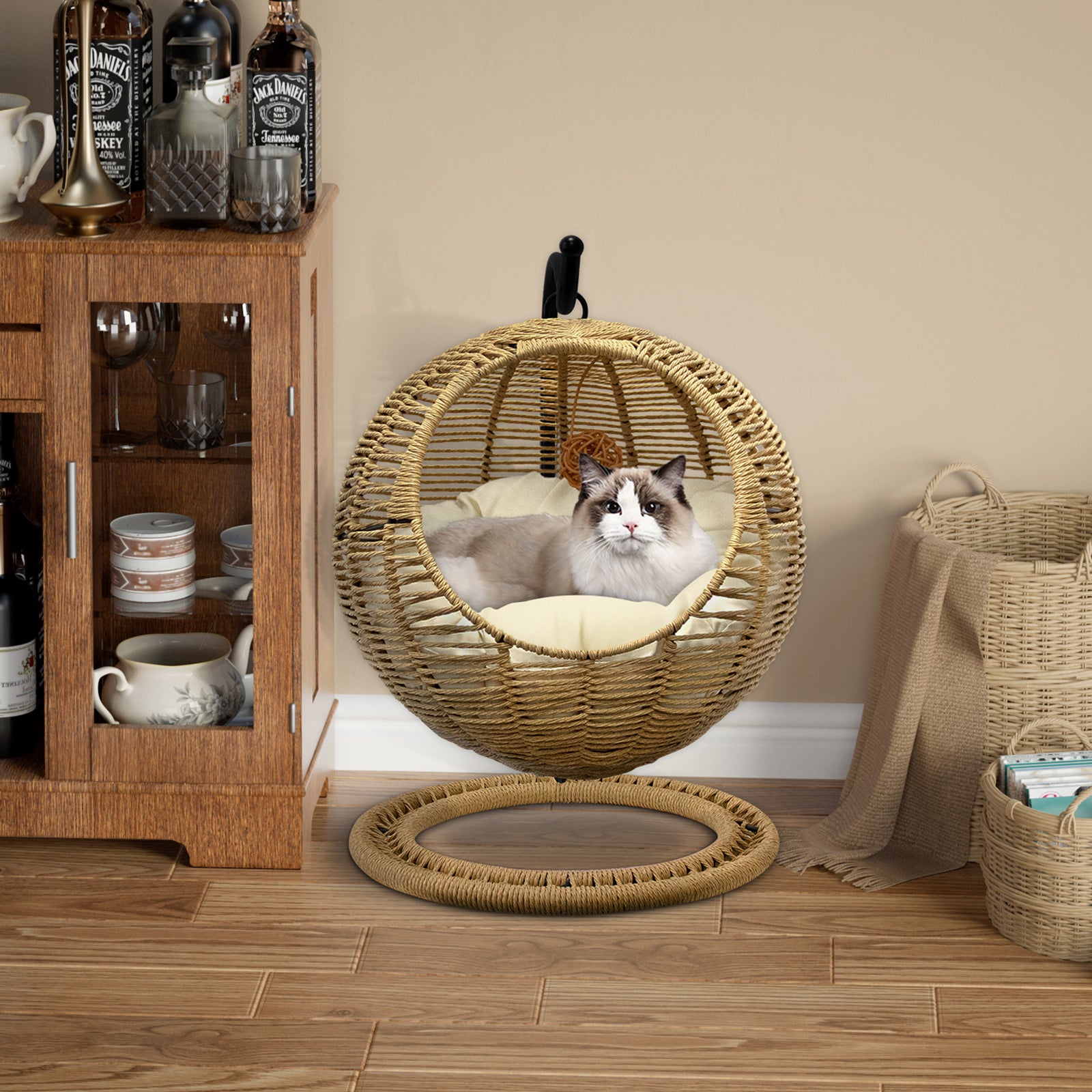 J.M.Deco Hand-Woven Wicker Cat Bed  Hanging Basket Cat Swinging Bed for Indoor Outdoor  Hanging Rattan Basket with Removable Cushion Khaki in use