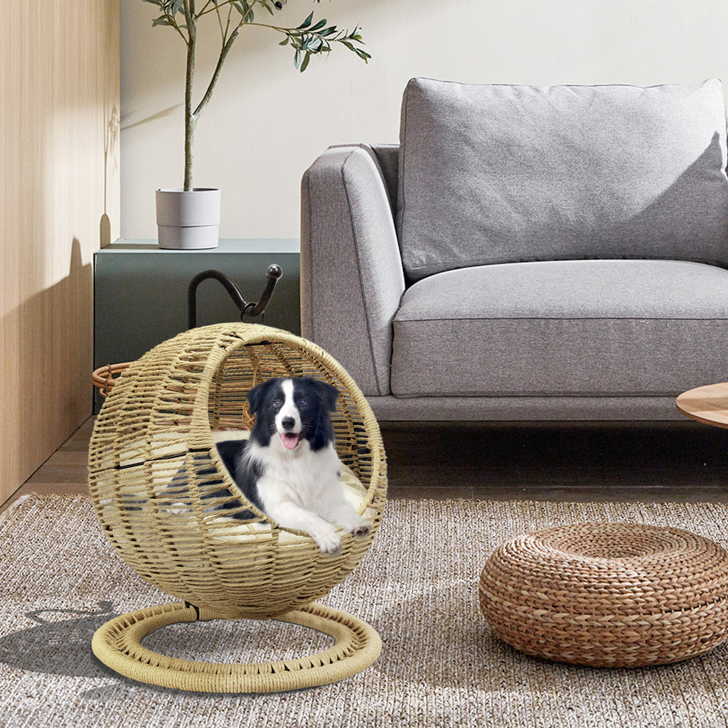 J.M.Deco Hand-Woven Wicker Cat Bed  Hanging Basket Cat Swinging Bed for Indoor Outdoor  Hanging Rattan Basket with Removable Cushion Khaki side