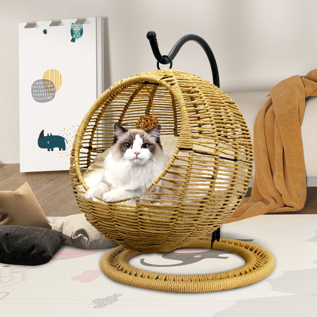 J.M.Deco Hand-Woven Wicker Cat Bed  Hanging Basket Cat Swinging Bed for Indoor Outdoor  Hanging Rattan Basket with Removable Cushion Khaki in use