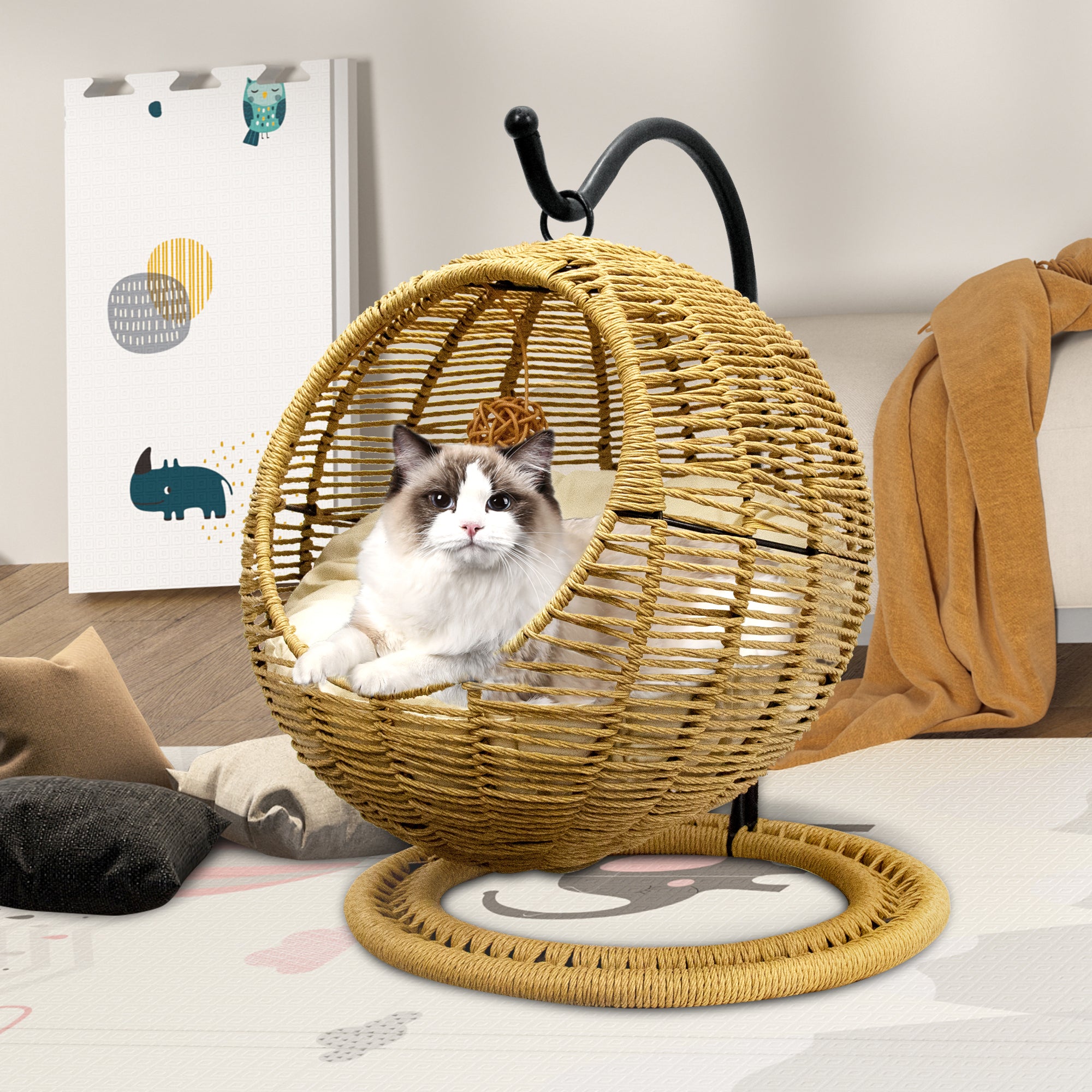 J.M.Deco Hand-Woven Wicker Cat Bed  Hanging Basket Cat Swinging Bed for Indoor Outdoor  Hanging Rattan Basket with Removable Cushion Khaki in use