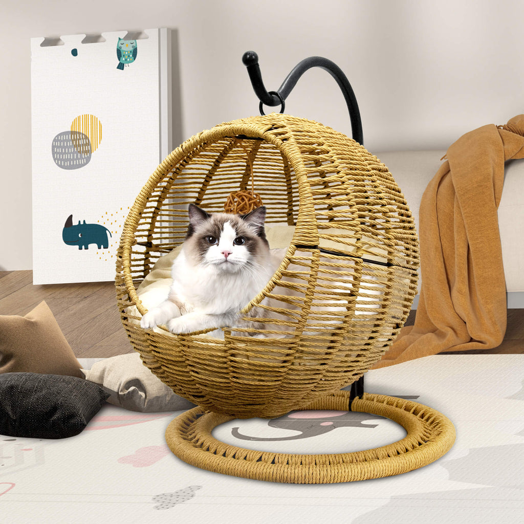J.M.Deco Hanging Wicker Cat Bed Basket  Removable Cushion & Toy  Indoor & Outdoor main