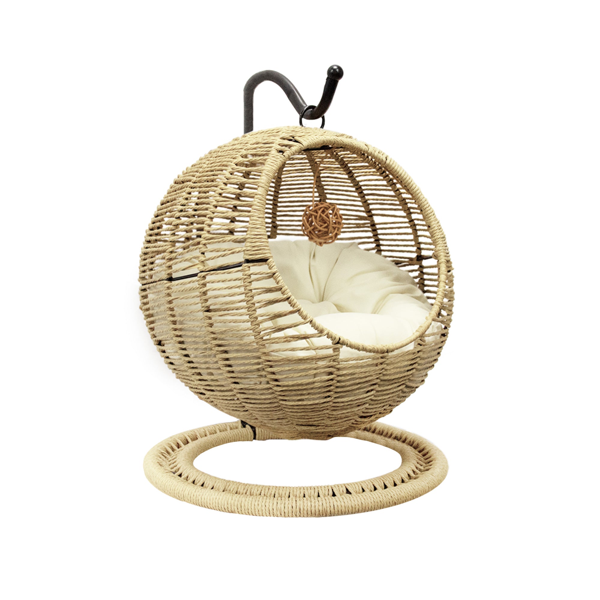 J.M.Deco Hand-Woven Wicker Cat Bed  Hanging Basket Cat Swinging Bed for Indoor Outdoor  Hanging Rattan Basket with Removable Cushion Khaki MAIN