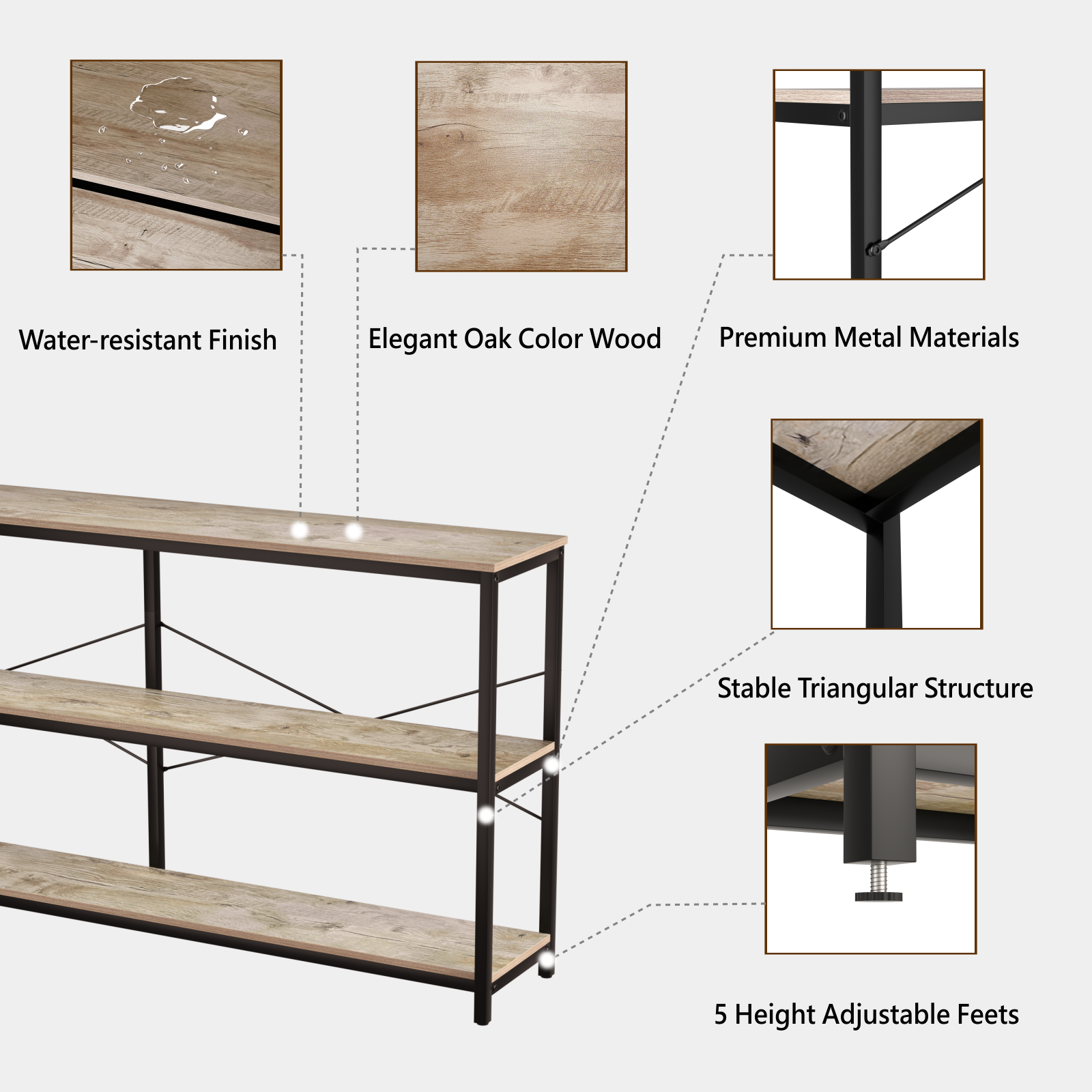 J.M.Deco 71 Inch Industrial Console Table Behind Couch  Extra Long Sofa Table with 3 Tier Wood Storage Shelves  TV Table with Metal Frame for Living Room  Foyer  Hallway (Oak Grey) details