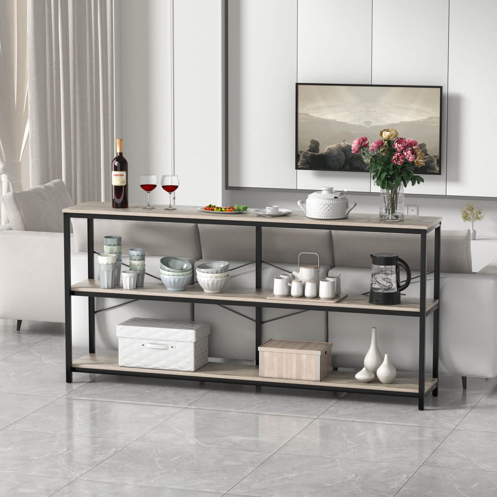 J.M.Deco 71" Industrial Console Table  3-Tier Wood Shelves   Oak Grey in the living room