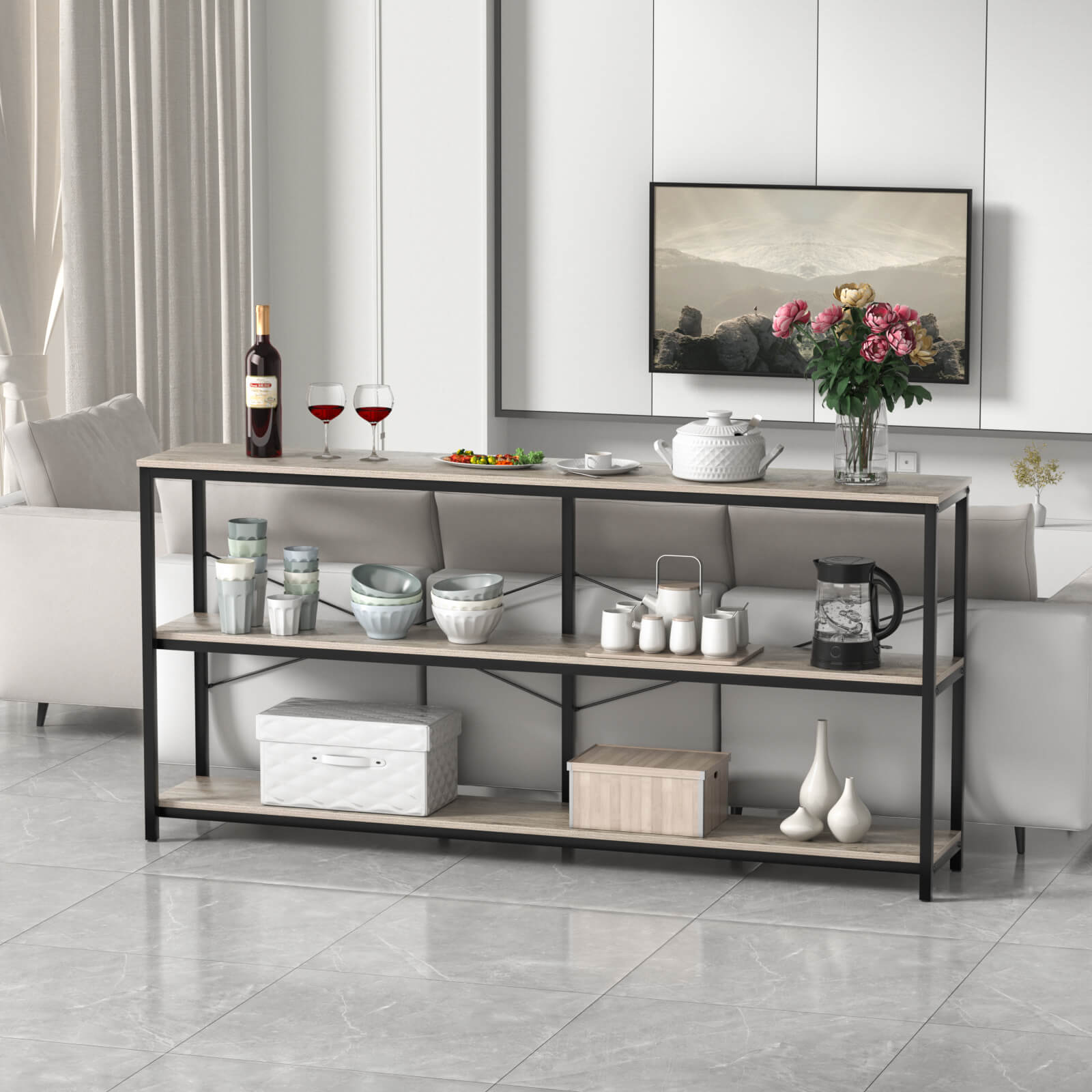 J.M.Deco 71" Industrial Console Table  3-Tier Wood Shelves   Oak Grey in the living room