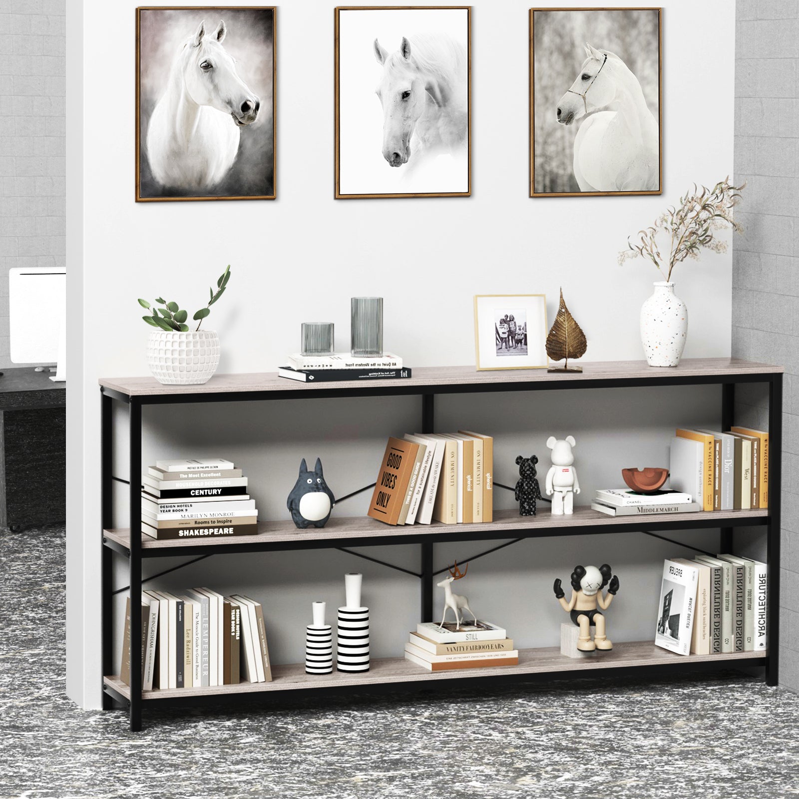 J.M.Deco 71 Inch Industrial Console Table Behind Couch  Extra Long Sofa Table with 3 Tier Wood Storage Shelves  TV Table with Metal Frame for Living Room  Foyer  Hallway (Oak Grey) display
