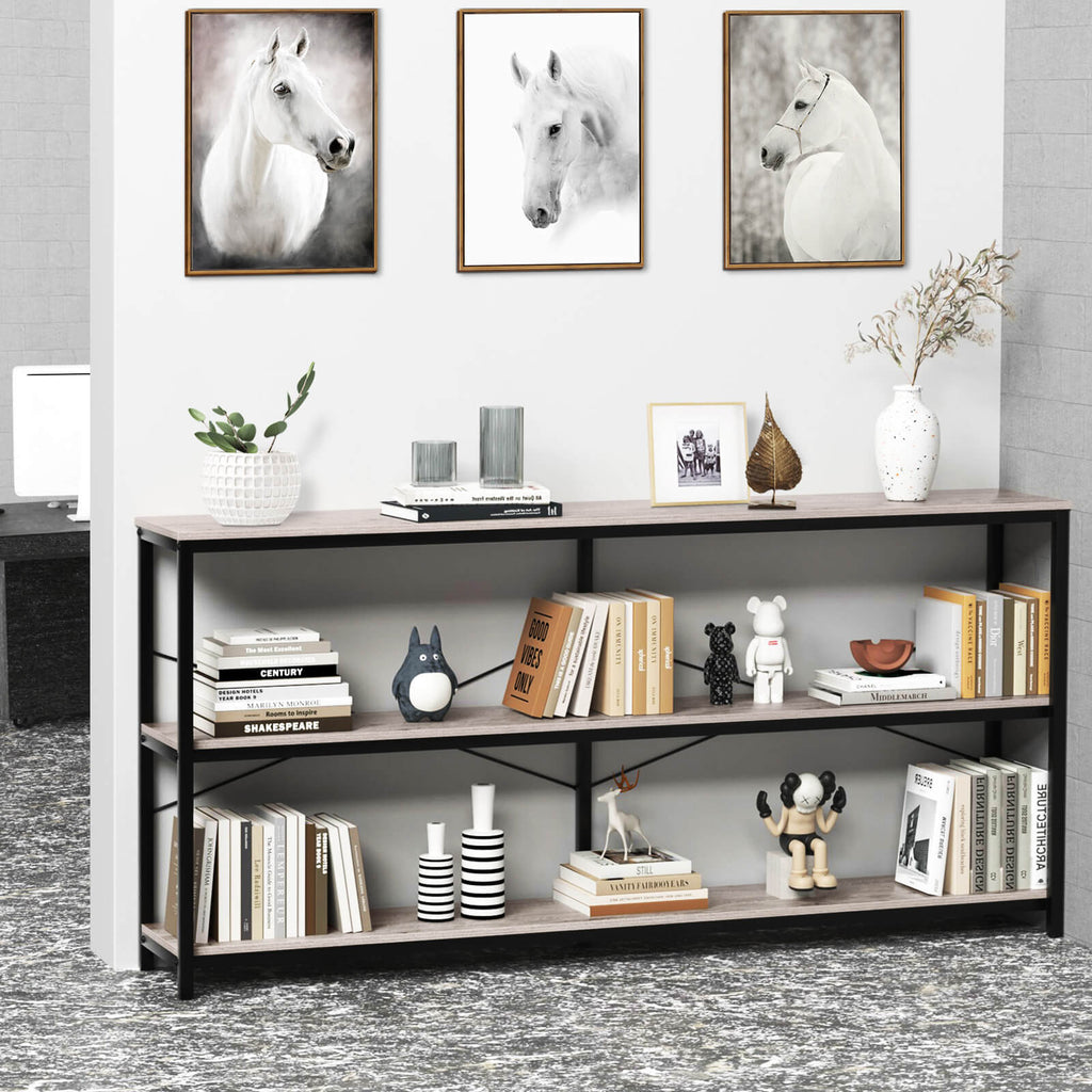 J.M.Deco 71" Industrial Console Table  3-Tier Wood Shelves   Oak Grey corner