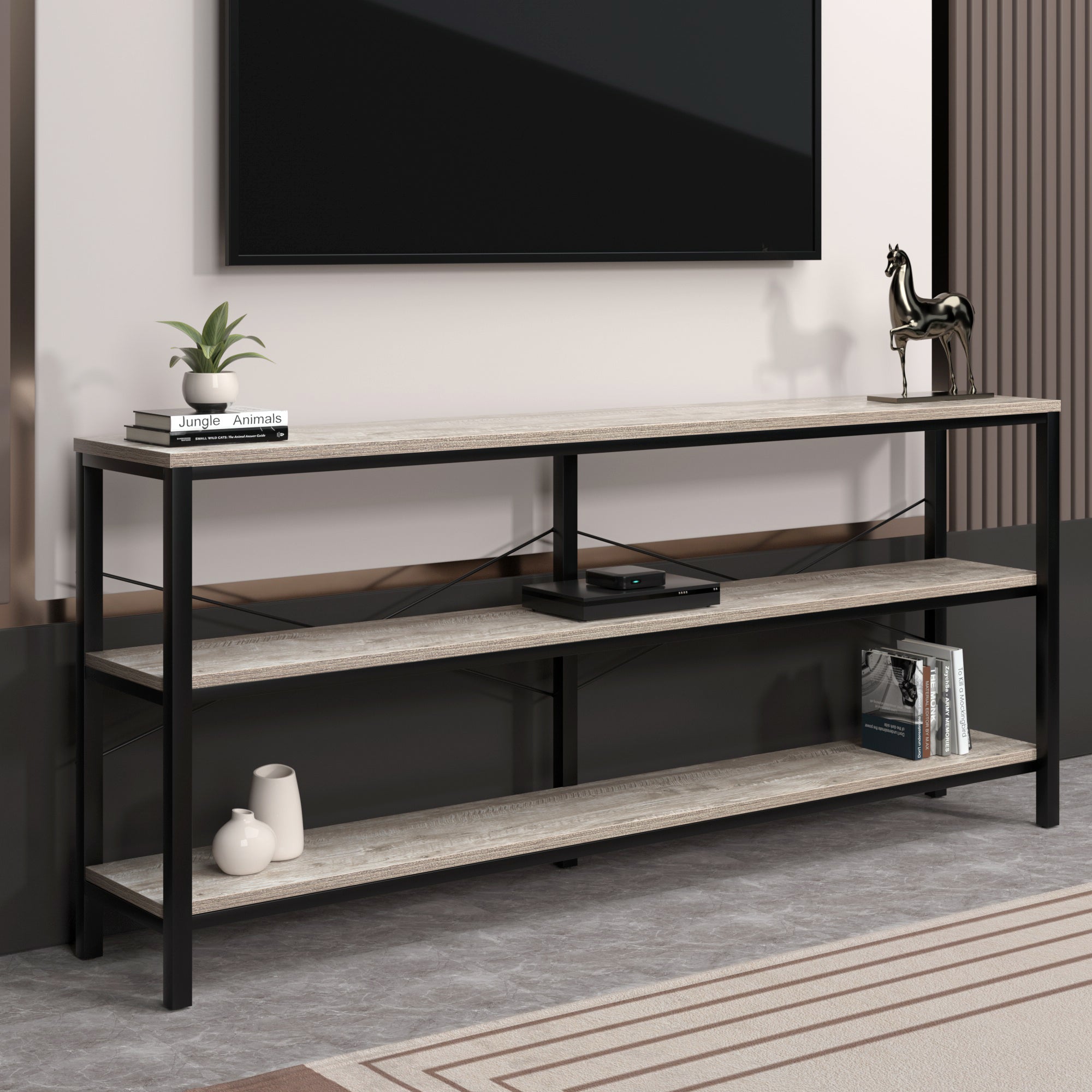 J.M.Deco 71 Inch Industrial Console Table Behind Couch  Extra Long Sofa Table with 3 Tier Wood Storage Shelves  TV Table with Metal Frame for Living Room  Foyer  Hallway (Oak Grey) in living room